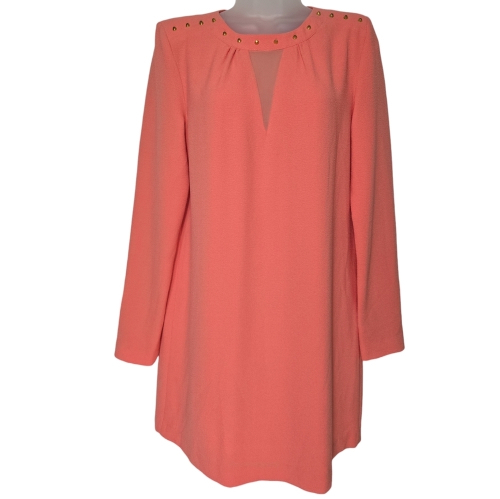 Forever 21 Women LG Coral Shift Dress Gold Metal Spike NYE Holiday Christmas EUC